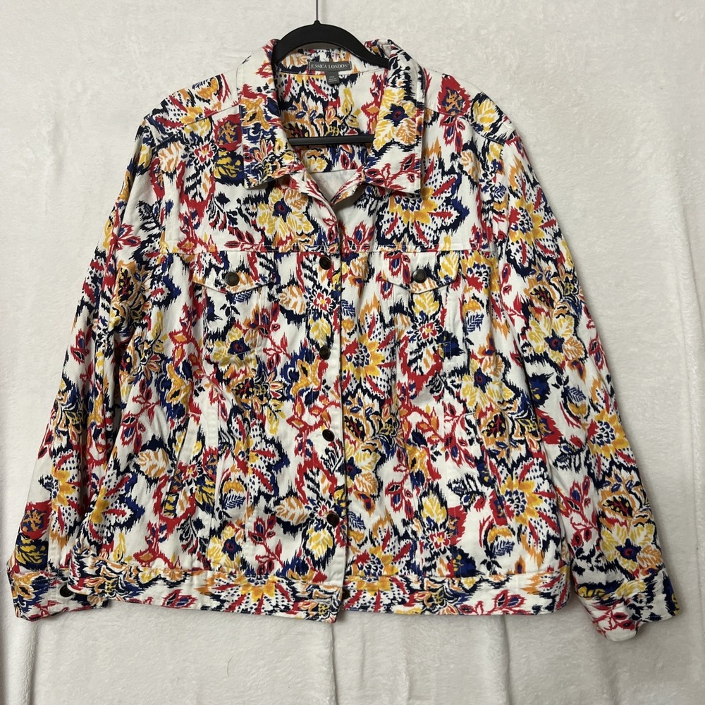 Jessica London Jean Jacket White Floral Abstract Print Plus Size 28W